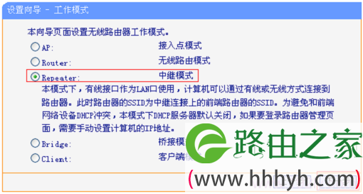 TL-WR800N的工作模式选择“Repeater：中继模式”